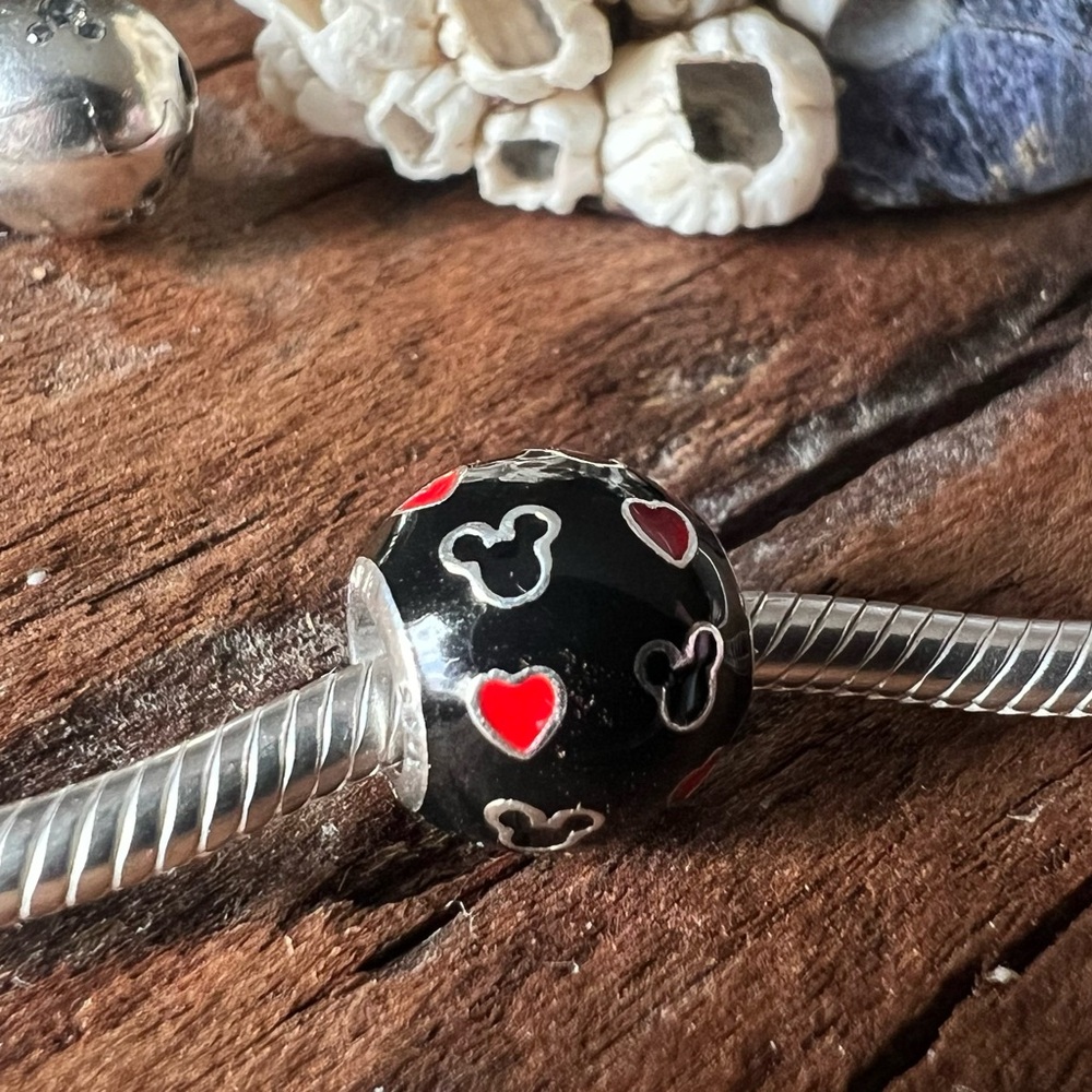 Authentic Pandora Charm Disney Mickey and Hearts Ears Enamel Charm Red Black